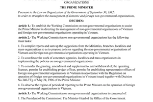 Decision No. 339-TTg of May 24, 1996, of the Prime Minister on establishing the working commission on non-governmental organizations