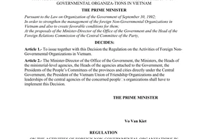 Decision No. 340-TTg of May 24, 1996, of the Prime Minister promulgating the regulation on the activities of foreign non-governmental organiza-tions in Vietnam