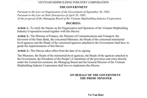 Decree No. 33-CP of May 27, 1996, of the Government ratifying the statute on the organization and operation of the Vietnam shipbuilding industry corporation
