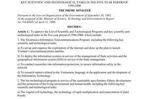 Decision No. 363-TTg of May 30, 1996, of the Prime Minister approving the list of scientific and technological programs and key scientific and technological tasks in the five-year period of 1996-2000