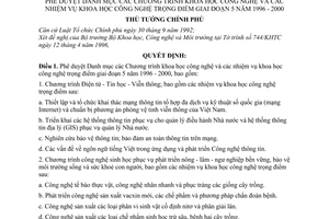 Quyết định 363/TTg phê duyệt Danh mục chương trình khoa học công nghệ và nhiệm vụ khoa học công nghệ trọng điểm giai đoạn 5 năm 1996-2000