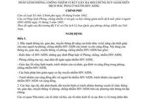 Nghị định 34/CP hướng dẫn thi hành pháp lệnh phòng, chống nhiễm vi rút gây ra hội chứng suy giảm miễn dịch mắc phải ở người (hiv/aids)