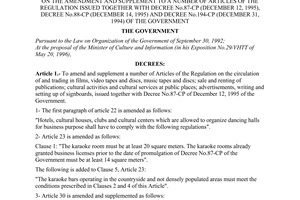 Decree No. 36-CP of June 19, 1996, of the Government on the amendment and supplement to a number of Articles of the regulation issued together with Decree No.87-CP (December 12, 1995), Decree No.88-CP (December 14, 1995) and Decree No.194-CP (December 31, 1994) of the Government