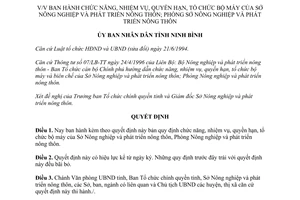 Quyết định 1003/QĐ-UB 1996 nhiệm vụ quyền hạn tổ chức Sở Phòng Nông nghiệp phát triển nông thôn Ninh Bình