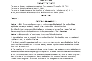 Decree No. 38-CP of June 25, 1996, of the Government on administrative sanctions against violations of labor legislation