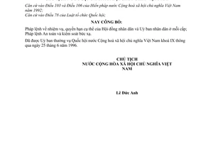 Lệnh công bố Pháp lệnh nhiệm vụ, quyền hạn cụ thể Hội đồng nhân dân và Uỷ ban nhân dân ở mỗi cấp; Pháp lệnh An toàn và kiểm soát bức xạ 50-L/CTN