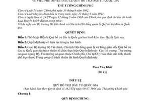 Quyết định 462-TTg phê duyệt điều lệ quỹ hỗ trợ đầu tư Quốc gia