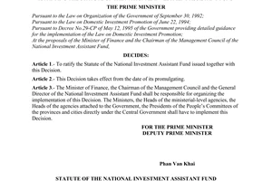 Decision No. 462-TTg of July 09, 1996, of the Prime Minister ratifying the statute of the national investment assistant fund