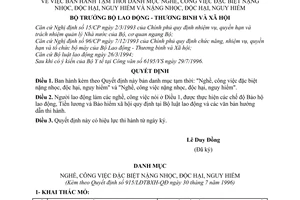 Quyết định 915/LĐTBXH-QĐ tạm thời danh mục nghề, công việc đặc biệt nặng nhọc, độc hại, nguy hiểm và nặng nhọc, độc hại, nguy hiểm