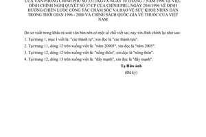 Công văn 3311/KGV đính chính NQ 37/CP định hướng chiến lược công tác CS&BVSK nhân dân trong thời gian 1996-2000 và chính sách quốc gia về thuốc của VN