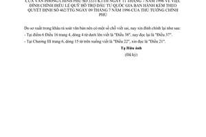 Công văn 3331/KTTH đính chính Điều lệ Quỹ hỗ trợ đầu tư quốc gia ban hành kèm theo QĐ 462/TTg ngày 09/7/199