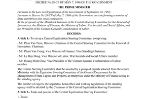 Decision No. 548-TTg of August 13, 1996, of the Prime Minister on the establishment of the equitization steering committees under Decree No. 28-CP of May 7, 1996 of the Government