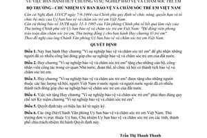 Quyết định 93-BT/QĐ Huy chương Vì sự nghiệp bảo vệ và chăm sóc trẻ em