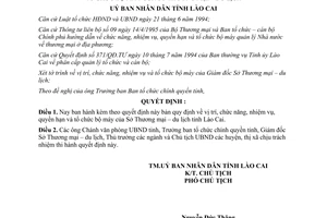 Quyết định 151/QĐ-UB 1996 nhiệm vụ quyền hạn tổ chức bộ máy Sở Thương mại du lịch Lào Cai