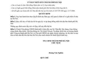 Quyết định 2761/QĐ-UB năm 1996 Quy chế quản lý đánh số gắn biển số nhà Hà Nội