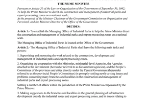 Decision No. 595-TTg of August 27, 1996, of the Prime Minister on the establishment of the managing office of industrial parks