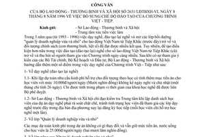 Công văn 2631/LĐTBXH-VL bổ sung chế độ đào tạo của chương trình Việt - Tiệp