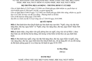 Quyết định 1085/LĐTBXH-QĐ tạm thời danh mục nghề, công việc đặc biệt nặng nhọc, độc hại, nguy hiểm và nặng nhọc, độc hại, nguy hiểm