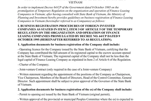 Circular No. 07-BKH/DN of September 11, 1996, guiding business registration of finance leasing companies in Vietnam.
