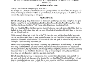 Quyết định 675/TTg áp dụng thí điểm chính sách tại khu vực cửa khẩu Móng Cái