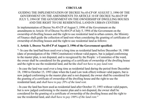 Circular No. 57/TC-TCT of September 23, 1996, of September 23, 1996 guiding the implementation of Decree No.45-cp of August 3, 1996 of the Government on the amendments to Article 10 of Decree No.60-CP of July 5, 1994 of the Government on the ownership of dwelling houses and the right to use residential land in urban centers