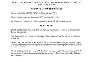 Quyết định số 187/QĐ-UB năm 1996 khuyến khích đầu tư Lào Cai