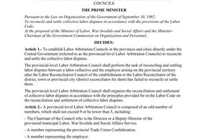 Decision No. 744-TTg of August 08, 1996, of the Prime Minister on the establishment of provincial-level Labor arbitration councils
