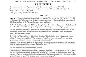 Decree No. 61-CP of October 21, 1996, of the Government on amendments and supplements to the provisions on army insignias, badges and ranks of the professional military personnel