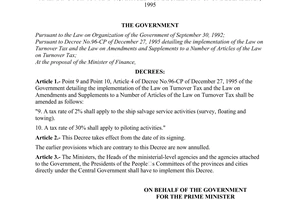 Decree No. 62-CP of October 23, 1996, of the Government amending points 9 and 10, Article 4 of Decree No.96-CP of December 27, 1995