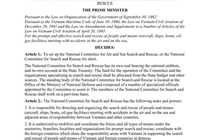 Decision No. 780-TTg of October 23, 1996, of the Prime Minister on setting up the national committee for air and sea search and rescue