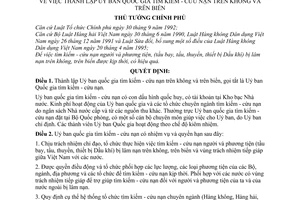 Quyết định 780-TTg lập Uỷ ban quốc gia tìm kiếm cứu nạn trên không và trên biển