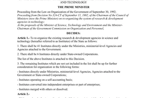 Decision No. 782-TTg of October 24, 1996, of the Prime Ministaer on the organization of research & development agencies in science and technology
