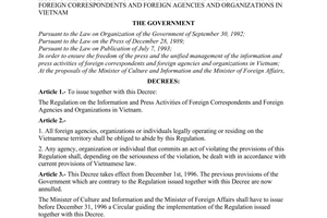 Decree No. 67-CP of October 31, 1996, of the Government issuing the regulation on the information and press activities of foreign correspondents and foreign agencies and organizations in Vietnam