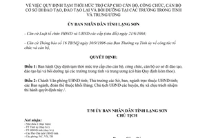 Quyết định 772/UB-QĐ năm 1996 mức trợ cấp cho cán bộ công chức đi đào tạo đào tạo lại Lạng Sơn