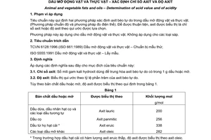 Tiêu chuẩn Việt Nam TCVN 6127:1996 (ISO 660 : 1983) về dầu mỡ động vật và thực vật - Xác định chỉ số axit và độ axit do Bộ Khoa học Công nghệ và Môi trường ban hành