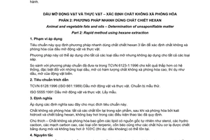 Tiêu chuẩn Việt Nam TCVN 6123-2:1996 (ISO 3596-2 : 1998 (E)) về dầu mỡ động vật và thực vật - Xác định chất không xà phòng hoá - Phần 2: Phương pháp nhanh dùng chất chiết Hexan do Bộ Khoa học Công nghệ và Môi trường ban hành