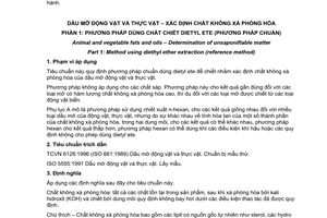 Tiêu chuẩn Việt Nam TCVN 6123-1:1996 (ISO 3596-1 : 1998 (E)) về dầu mỡ động vật và thực vật - Xác định chất không xà phòng hoá - Phần 1: Phương pháp dùng chất chiết dietyl ete (phương pháp chuẩn) do Bộ Khoa học Công nghệ và Môi trường ban hành