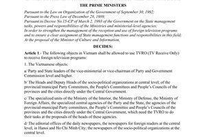 Decision No. 877-TTg of Novermber 22, 1996, of the Prime Minister on the management of the reception of foreign television programs