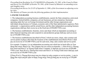 Circular No. 69/TC-TCT of Novermber 05, 1996, on November 5, 1996, providing guidance for the collection of excise taxes