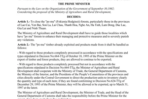 Decision No. 821-TTg of Novermber 06, 1996, of the Prime Minister on the exploitation and export of "Po Mu" (fokienia hodginsii) timber