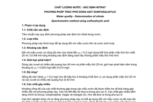 Tiêu chuẩn Việt Nam TCVN 6180:1996 (ISO 7890/3 : 1988 (E)) về chất lượng nước - Xác định nitrat - Phương pháp trắc phổ dùng axit sunfosalixylic do Bộ Khoa học Công nghệ và Môi trường ban hành