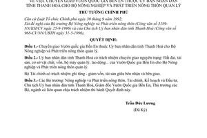 Quyết định 830-TTg chuyển giao Vườn Quốc gia Bến En thuộc Uỷ ban nhân dân tỉnh Thanh Hoá cho Bộ Nông nghiệp Phát triển nông thôn quản lý