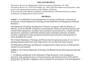 Decree No. 79-CP of December 04, 1996, of the Government on the establishment of the department of geology and minerals