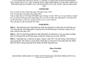 Nghị định 82/CP Danh mục hàng hoá của Việt Nam để thực hiện Hiệp định về Chương trình ưu đãi thuế quan có hiệu lực chung (CEPT) của Asean