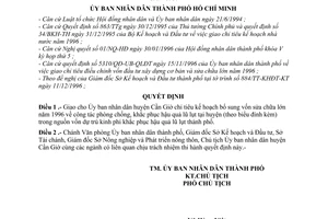 Quyết định 5793/QĐ-UB-KT giao chỉ tiêu bổ sung vốn sửa chữa lớn 1996 cho huyện Cần Giờ