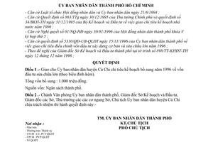 Quyết định 5809/QĐ-UB-KT giao chỉ tiêu kế hoạch bổ sung 1996 vốn đầu tư sửa chữa lớn
