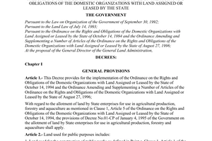Decree No. 85-CP of December 17, 1996, of the Government prescribing the implementation of the ordinance on the rights and obligations of the domestic organizations with land assigned or leased by the state