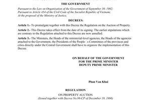 Decree No. 86-CP of December 19, 1996, of the Government promulgating the regulation on property auction