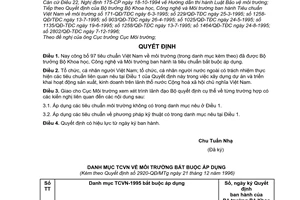 Quyết định 2920-QĐ/MTg áp dụng tiêu chuẩn Việt Nam môi trường
