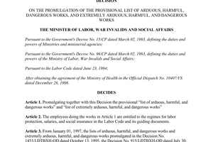Decision No.1629/LĐTBXH-QĐ 1996 provisional list of arduous toxic dangerous works